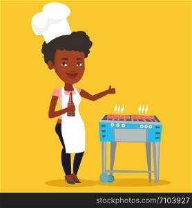 Woman with bottle in hand cooking steak on gas barbecue grill and giving thumb up. African-american woman cooking steak on the barbecue grill outdoors. Vector flat design illustration. Square layout.. Woman cooking steak on barbecue grill.