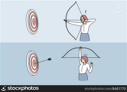 Woman with bow and arrows shooting target. Successful businesswoman win reach business achievement or goal. Success and accomplishment. Vector illustration.. Businesswoman with bow and arrow