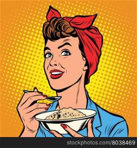 Woman with bowl of delicious cereal pop art retro vector. Mom cooks in the morning. Woman with bowl of delicious cereal