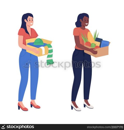 Woman with box semi flat color vector characters set. Posing figures. Full body people on white. Humanitarian aid isolated modern cartoon style illustration for graphic design and animation kit. Woman with box semi flat color vector characters set