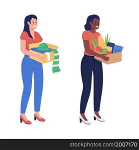 Woman with box semi flat color vector characters set. Posing figures. Full body people on white. Humanitarian aid isolated modern cartoon style illustration for graphic design and animation kit. Woman with box semi flat color vector characters set
