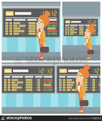 Woman with briefcase looking at departure board at the airport. Passenger standing at the airport in front of departure board. Vector flat design illustration. Square, horizontal, vertical layouts.. Woman looking at schedule board in the airport.