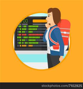Woman with briefcase looking at departure board at the airport. Passenger standing at the airport in front of the departure board. Vector flat design illustration in the circle isolated on background.. Woman looking at schedule board in the airport.