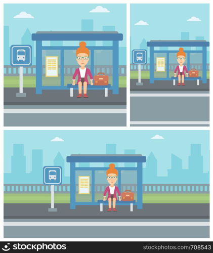 Woman with briefcase waiting for a bus at a bus stop on a city background. Young woman sitting at bus stop at the city street. Vector flat design illustration. Square, horizontal, vertical layouts.. Woman waiting for bus at the bus stop.