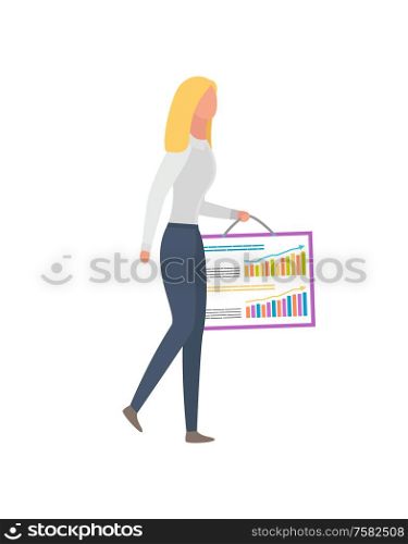 Woman with broadsheet depicting graphs and charts isolated on white. Businesswoman with financial statistics poster, side view. Manager with report. Woman with Broadsheet Depicting Graphs and Charts