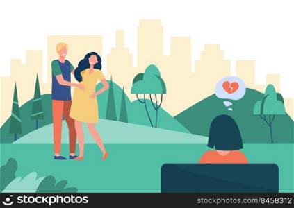 Woman with broken heart looking at happy family. Pregnancy, couple, maternity flat illustration. Relationship and love concept for banner, website design or landing web page