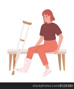 Woman with broken leg and crutch semi flat color vector character. Sitting figure. Full body person on white. Injury recovery simple cartoon style illustration for web graphic design and animation. Woman with broken leg and crutch semi flat color vector character
