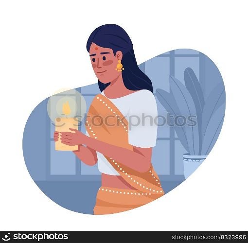 Woman with candle celebrating Diwali 2D vector isolated illustration. Traditional holiday flat character on cartoon background. Indian fest colourful editable scene for mobile, website, presentation. Woman with candle celebrating Diwali 2D vector isolated illustration