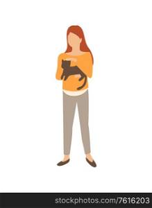Woman with cat in hands isolated female stroking pet. Vector girl with cute domestic kitten, cartoon lady character and home animal in flat style design. Woman with Cat in Hands Isolated Female and Pet