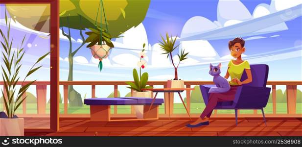 Woman with cat relax at outdoor home terrace. Female character with pet on knees sitting at wooden patio at armchair with table, green plants, trees and yard lawn view, Cartoon vector illustration. Woman with cat relax at outdoor home terrace.