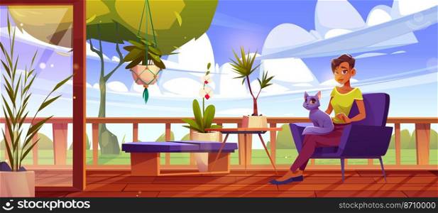 Woman with cat relax at outdoor home terrace. Female character with pet on knees sitting at wooden patio at armchair with table, green plants, trees and yard lawn view, Cartoon vector illustration. Woman with cat relax at outdoor home terrace.
