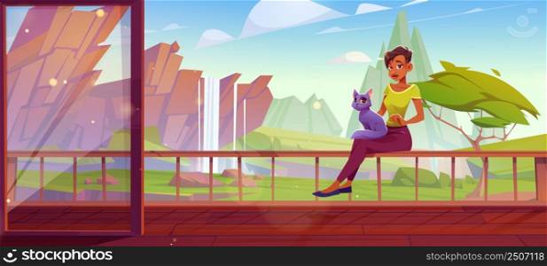 Woman with cat relax at outdoor home terrace with beautiful nature landscape view with waterfall and mountains. Female character resting at wooden patio or hotel balcony, Cartoon vector illustration. Woman with cat relax at outdoor home terrace.