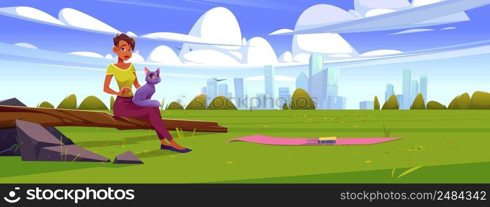 Woman with cat relax on lawn landscape with city skyline. Cartoon female character with pet enjoying summer outdoor recreation at green park meadow or countryside grassland field, Vector illustration. Woman with cat relax on summer lawn landscape