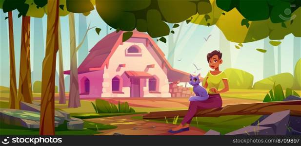 Woman with cat relax on summer nature landscape with stone house on forest lawn. Cartoon female character with pet enjoying outdoor recreation at meadow with countryside cottage, Vector illustration. Woman with cat relax on summer nature landscape