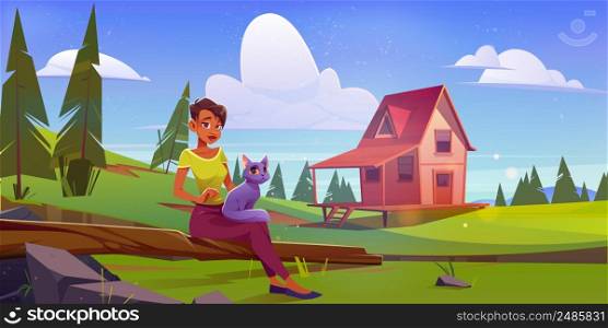 Woman with cat relax on summer nature landscape with wooden stilt house on lawn. Cartoon female character with pet enjoying outdoor recreation at meadow with countryside cottage, Vector illustration. Woman with cat relax on nature with wooden house
