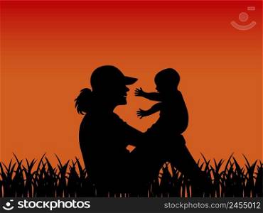 Woman with child on sunset background silhouette. Mom with baby outdoors. Young mother with kid sits on grass, shadow. Motherhood concept vector illustration. Woman with child on sunset background silhouette