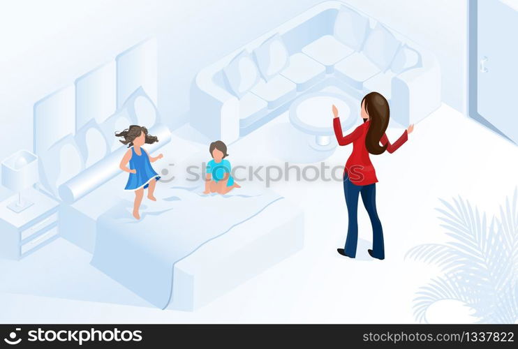 Woman with Children in Comfortable Cozy Modern Room Vector Isometric Illustration. Family Hotel Child Friendly Hospitality Concept. Boy Girl Playing Jumping on Bed Apartment or Home.. Woman with Children in Comfortable Modern Room