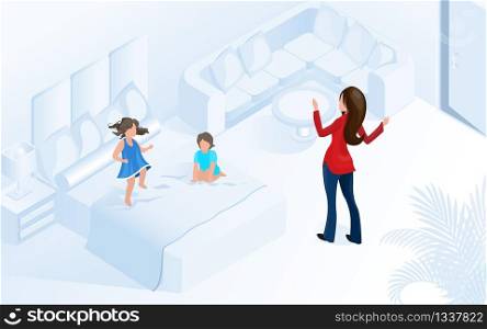 Woman with Children in Comfortable Cozy Modern Room Vector Isometric Illustration. Family Hotel Child Friendly Hospitality Concept. Boy Girl Playing Jumping on Bed Apartment or Home.. Woman with Children in Comfortable Modern Room