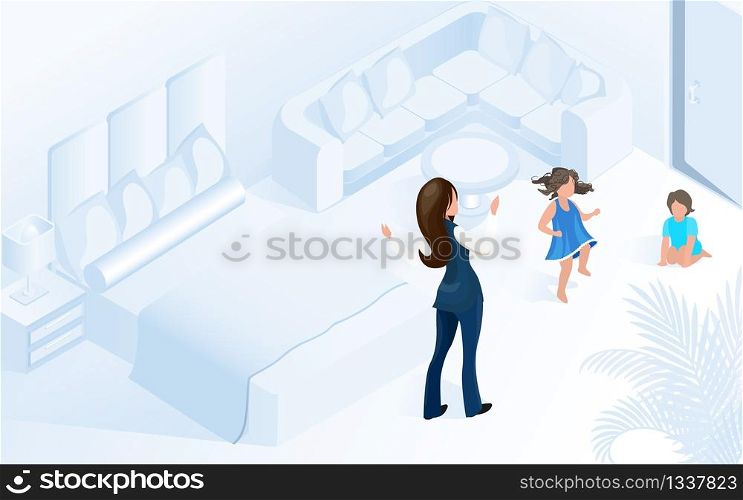 Woman with Children in Comfortable Cozy Modern Room Vector Isometric Illustration. Hotel Assistant Manager Entertain Kids in Apartment. Family Hotel Child Friendly Hospitality Concept.. Hotel Assistant Manager Entertain Kids in Room