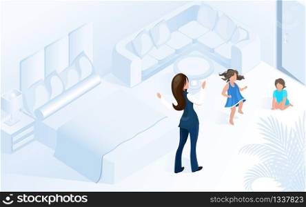 Woman with Children in Comfortable Cozy Modern Room Vector Isometric Illustration. Hotel Assistant Manager Entertain Kids in Apartment. Family Hotel Child Friendly Hospitality Concept.. Hotel Assistant Manager Entertain Kids in Room