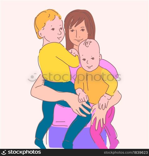 Woman with Children in Linear Drawing. Vector Sketchy Maternity Concept. Outline Simple Artwork with Editable Stroke.. Woman with Children in Linear Drawing. Sketchy Maternity Concept. Outline Simple Artwork with Editable Stroke. Vector iIllustratio