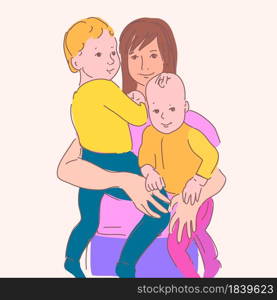 Woman with Children in Linear Drawing. Vector Sketchy Maternity Concept. Outline Simple Artwork with Editable Stroke.. Woman with Children in Linear Drawing. Sketchy Maternity Concept. Outline Simple Artwork with Editable Stroke. Vector iIllustratio