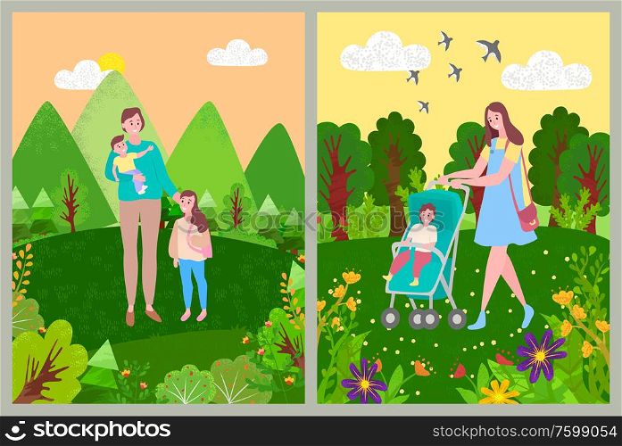 Woman with children walking in forest or park with green grass, trees and blooming flowers. Vector mother and baby in stroller, daughter and mom outdoors. Woman with Children Walking in Forest or Park