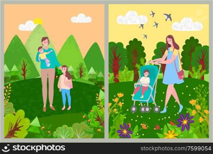 Woman with children walking in forest or park with green grass, trees and blooming flowers. Vector mother and baby in stroller, daughter and mom outdoors. Woman with Children Walking in Forest or Park