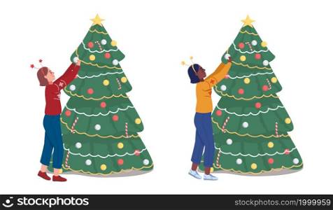 Woman with Christmas tree semi flat color vector character set. Posing figure. Full body person on white. Winter season isolated modern cartoon style illustration for graphic design and animation kit. Woman with Christmas tree semi flat color vector character set