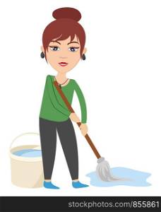 Woman with cleaning mop, illustration, vector on white background.