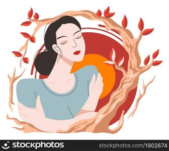 Woman with closed eyes holding shoulders, portrait of lady. Autumn branches with leaves. Nature and environment. Female character with oriental complexion. Femininity and beauty, vector in flat style. Female character portrait and autumn branch vector