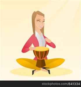 Woman with closed eyes playing the ethnic drum. Caucasian mucisian playing the ethnic drum. Young mucisian playing ethnic music on the tom-tom. Vector flat design illustration. Square layout.. Woman playing the ethnic drum vector illustration.