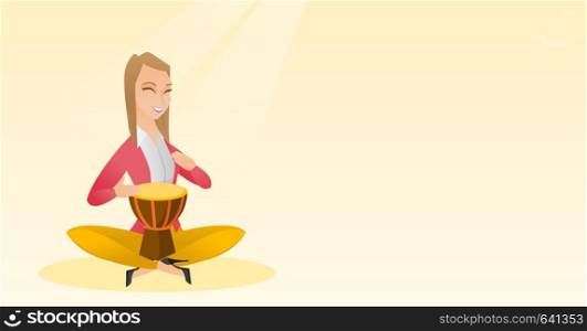 Woman with closed eyes playing the ethnic drum. Caucasian mucisian playing the ethnic drum. Young mucisian playing ethnic music on the tom-tom. Vector flat design illustration. Horizontal layout.. Woman playing the ethnic drum vector illustration.