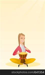 Woman with closed eyes playing the ethnic drum. Caucasian mucisian playing the ethnic drum. Young mucisian playing ethnic music on the tom-tom. Vector flat design illustration. Vertical layout.. Woman playing the ethnic drum vector illustration.