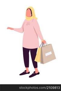 Woman with clothing bags semi flat color vector character. Standing figure. Full body person on white. Pastime isolated modern cartoon style illustration for graphic design and animation. Woman with clothing bags semi flat color vector character