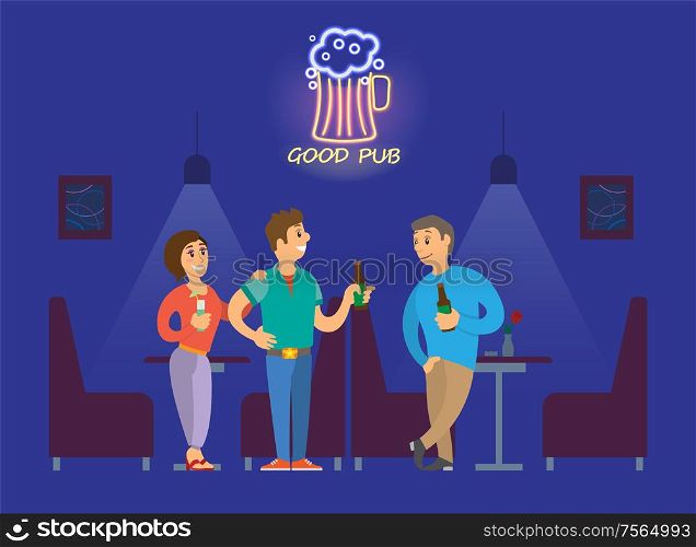 Woman with cocktail and men with beer standing in good pub decorated by neon light. People speaking and drinking alcohol, relaxing of friends vector. People Drinking Alcohol in Good Neon Pub Vector