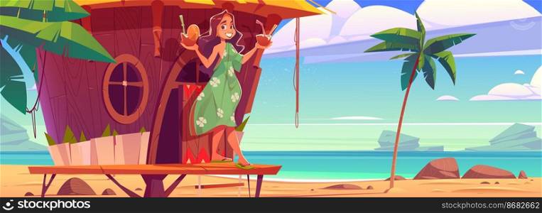 Woman with cocktails in tiki hut on hawaii beach. Smiling girl wearing summer dress holding coconut drinks stand on wooden terrace at sandy ocean coastline with palm trees, Cartoon vector illustration. Woman with cocktails in tiki hut on hawaii beach