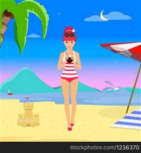 Woman with Coconut on Night Beach. Redhead Character in Sunglasses and Striped Swimsuit Drink Cocktail. Girl on Sea Side Summertime Vacation Exotic Resort Cartoon Flat Illustration Background. Woman with Coconut on Night Beach Background.