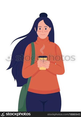 Woman with coffee in coat semi flat color vector character. Posing figure. Full body person on white. Autumn isolated modern cartoon style illustration for graphic design and animation. Woman with coffee in coat semi flat color vector character