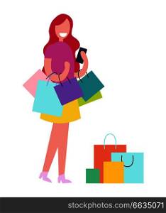 Woman with colorful shopping bags on white background. On vector illustration female is smiling holding some of bags, other ones are standing in front of her. Female with Shopping Bags Vector Illustration