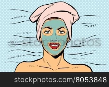 Woman with cosmetic mask on face, pop art retro vector illustration.