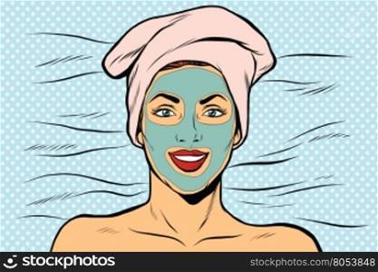 Woman with cosmetic mask on face, pop art retro vector illustration.