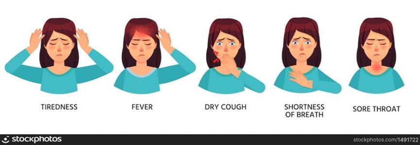 Woman with covid-19 symptoms dry cough and sore throat. Illustration infection fever, medical respiratory corona 2019-ncov vector. Woman with covid-19 symptoms dry cough and sore throat