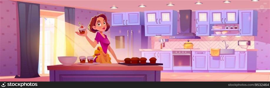 Woman with cupcakes in kitchen vector illustration. Female chief bake sweets with modern kitchenware and cooking furniture. Clean floor, curtain on window and sunlight ray indoor background concept. Woman with cupcakes in kitchen vector illustration