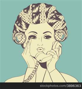 Woman with curlers in their hair talking at phone, vector format