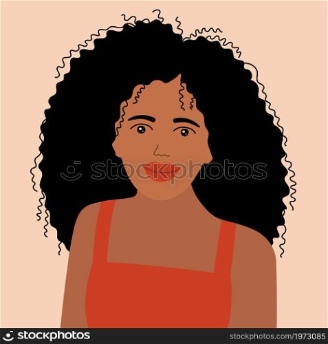 Woman with curly black hair. Smiling girl with dark skin. Red dress. Vector
