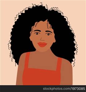 Woman with curly black hair. Smiling girl with dark skin. Red dress. Vector