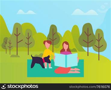 Woman with daughter sitting on blanket in park and reading book. Mother and girl resting in green spring forest with dog pet. Spending time together outdoors. Woman with Daughter Sitting on Blanket in Park