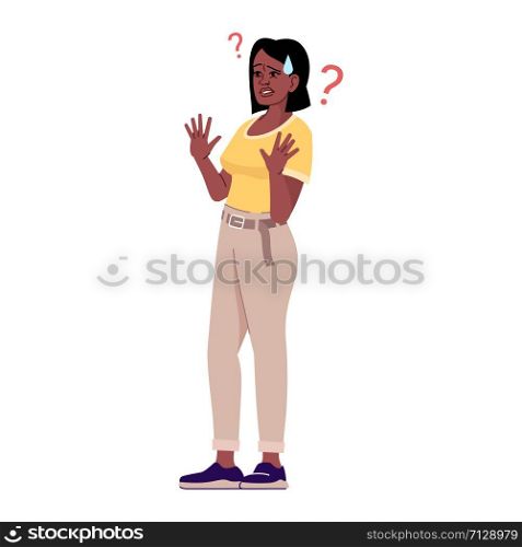 Woman with defensive gesture flat vector illustration. Protection against violence.Harassment. Scared, frightened and confused girl isolated cartoon character with outline elements on white background