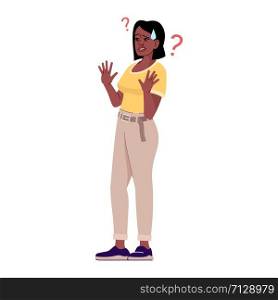 Woman with defensive gesture flat vector illustration. Protection against violence.Harassment. Scared, frightened and confused girl isolated cartoon character with outline elements on white background